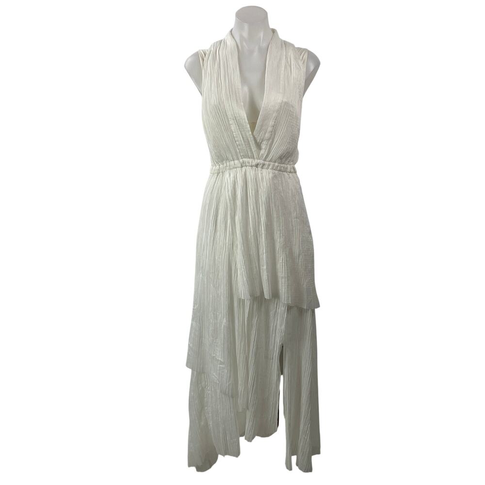 Manning Cartell White Sleeveless Draped Plunging V-neck Maxi Formal Dress Sz 8